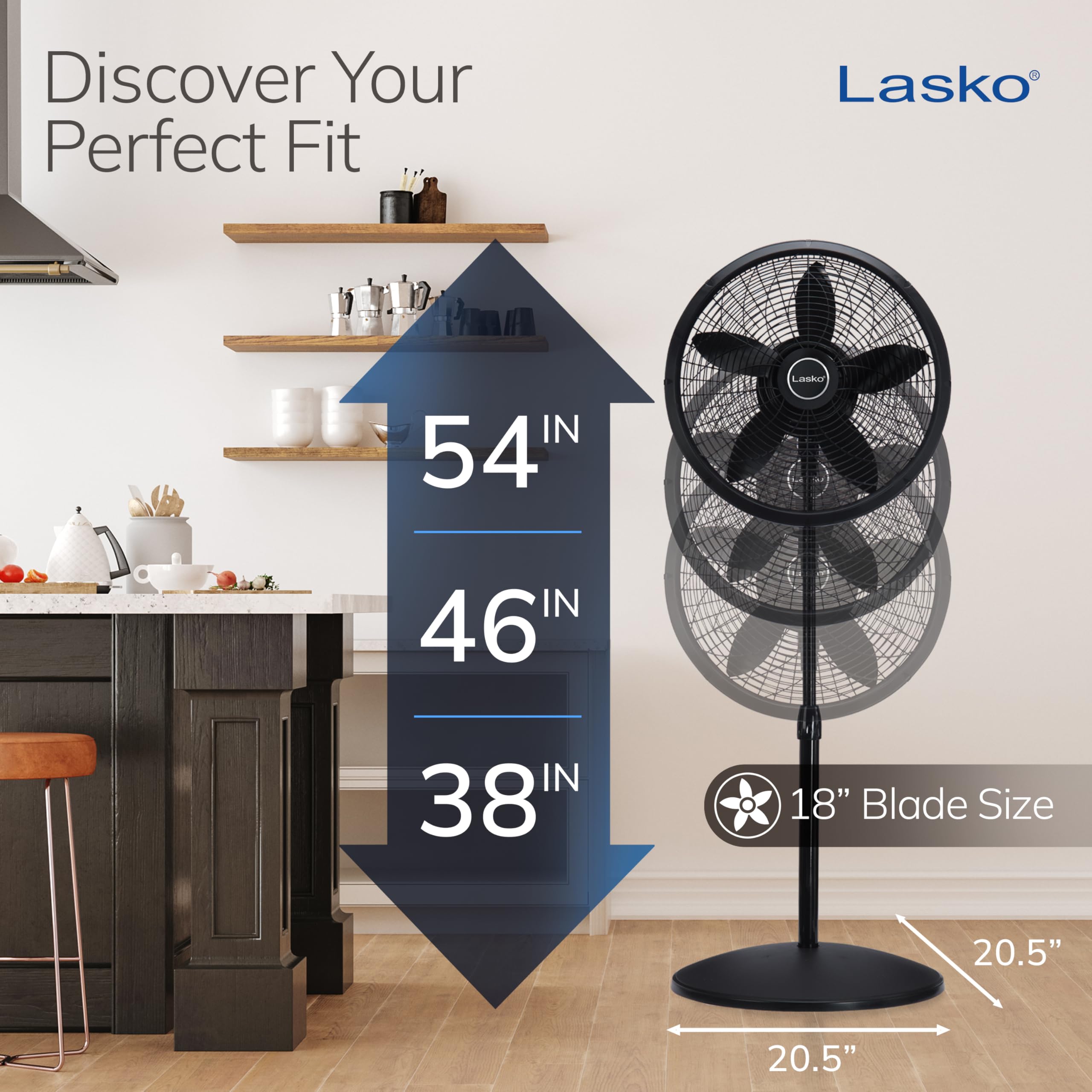 Lasko pedestal fan height adjustable for seated or standing comfort.