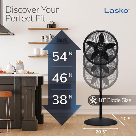 Lasko pedestal fan height adjustable for seated or standing comfort.