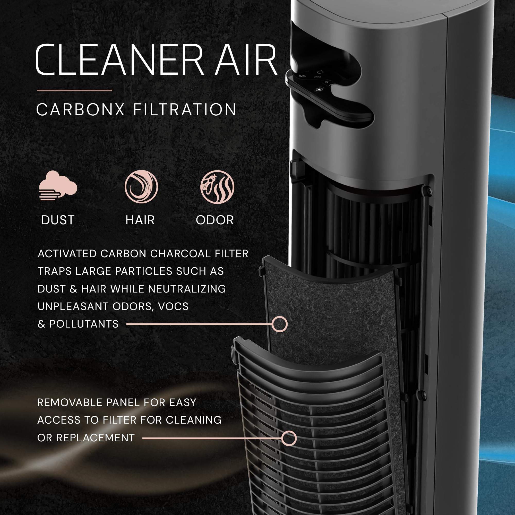 Lasko Pinnacle 40 inch tower fan carbon X air filter traps dust.