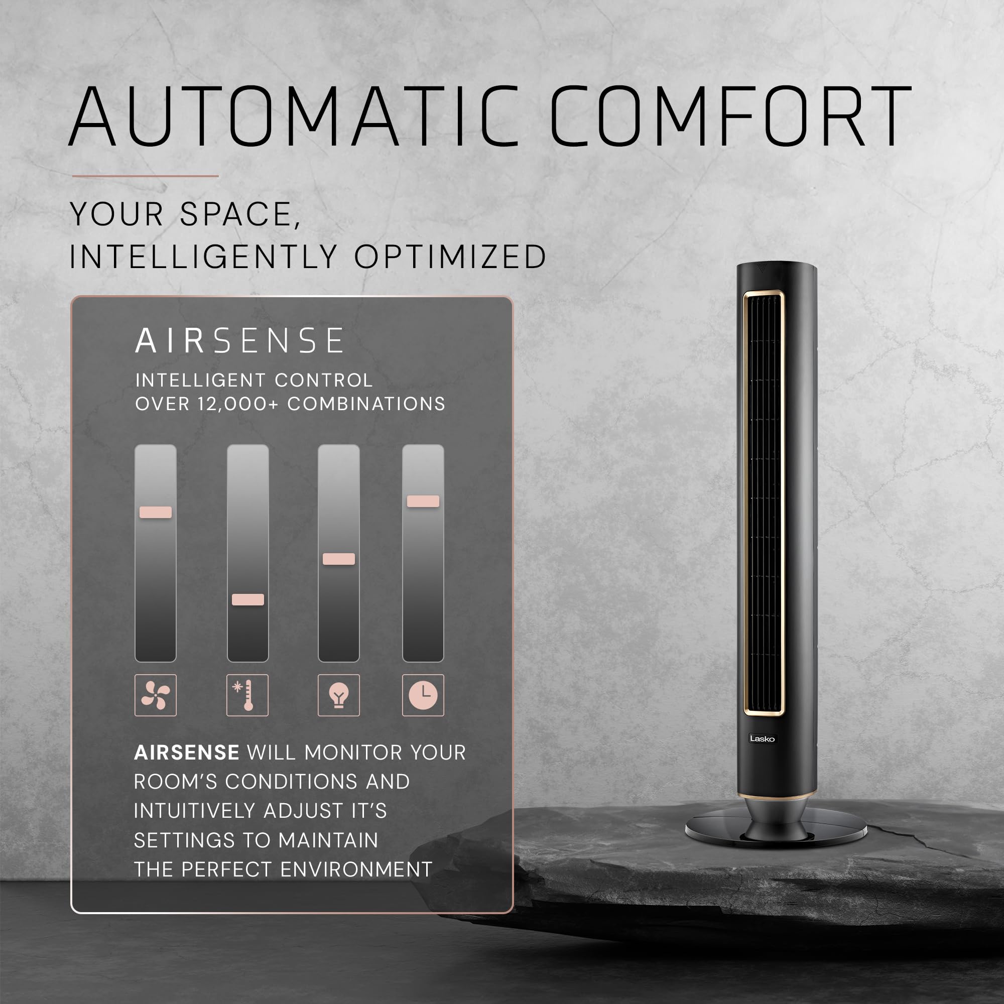 Lasko Pinnacle 40 inch tower fan night light glows softly at night.