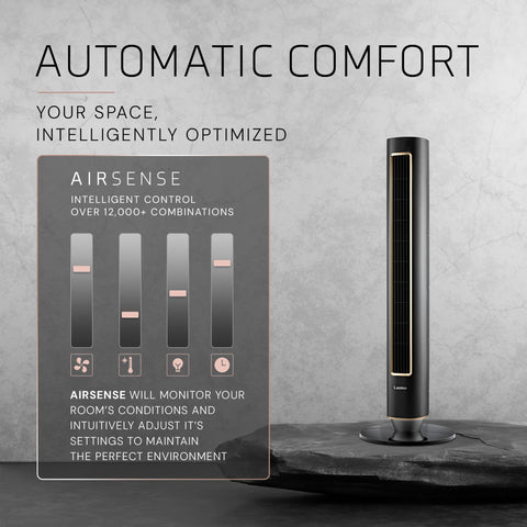 Lasko Pinnacle 40 inch tower fan night light glows softly at night.