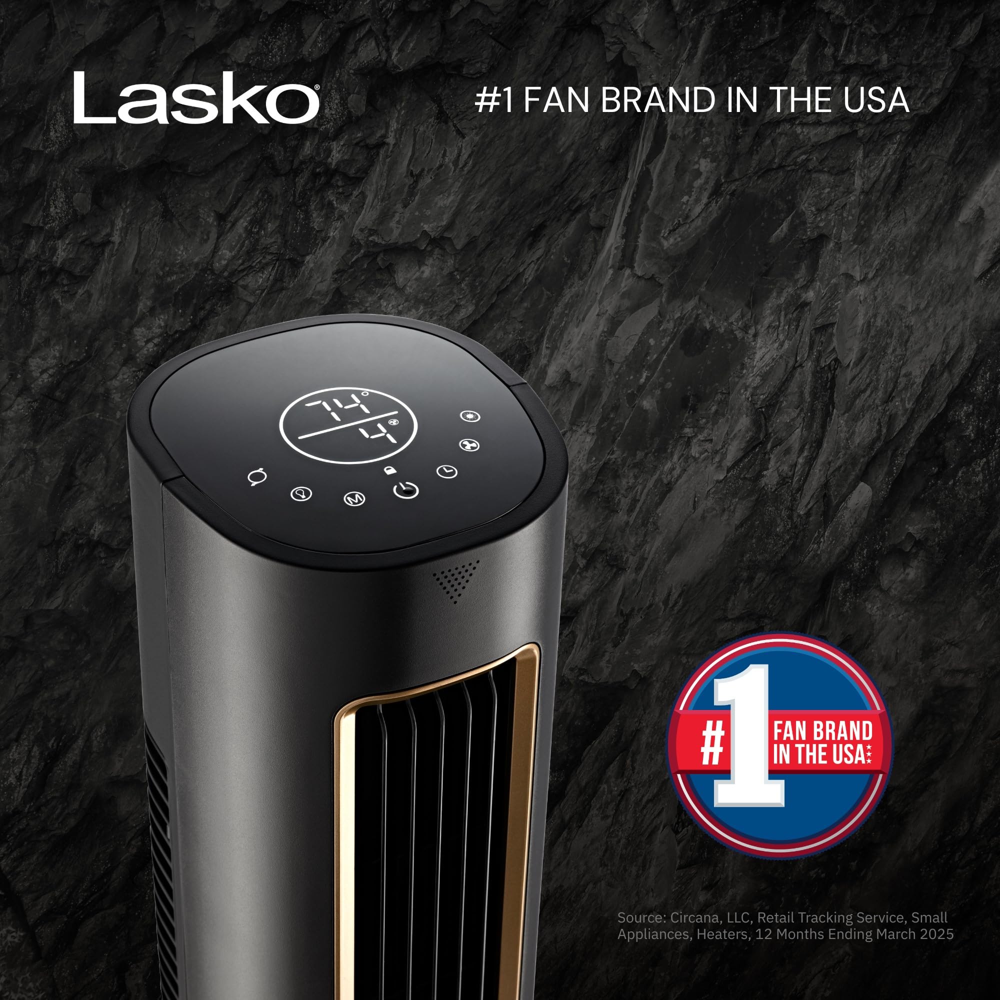 Lasko Pinnacle 40 inch tower fan side view highlighting slim footprint.