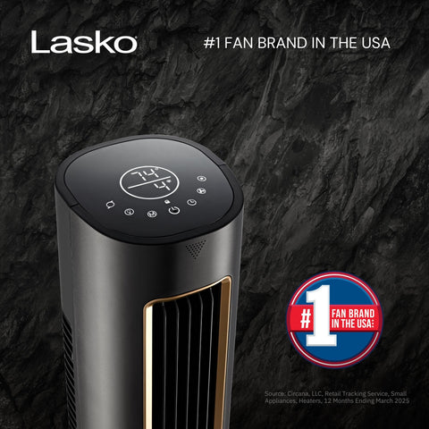 Lasko Pinnacle 40 inch tower fan side view highlighting slim footprint.