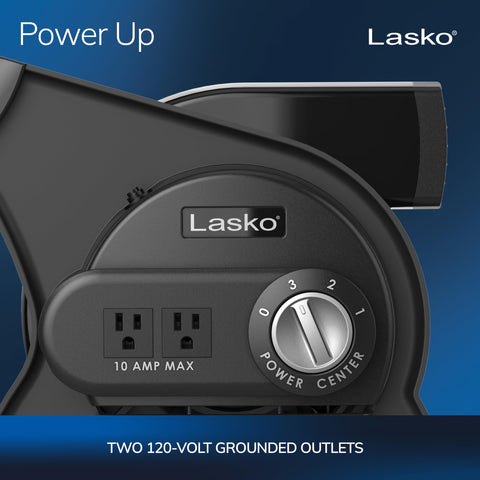 Lasko Pivoting Pro Blower in pivoting motion directing air across a workspace