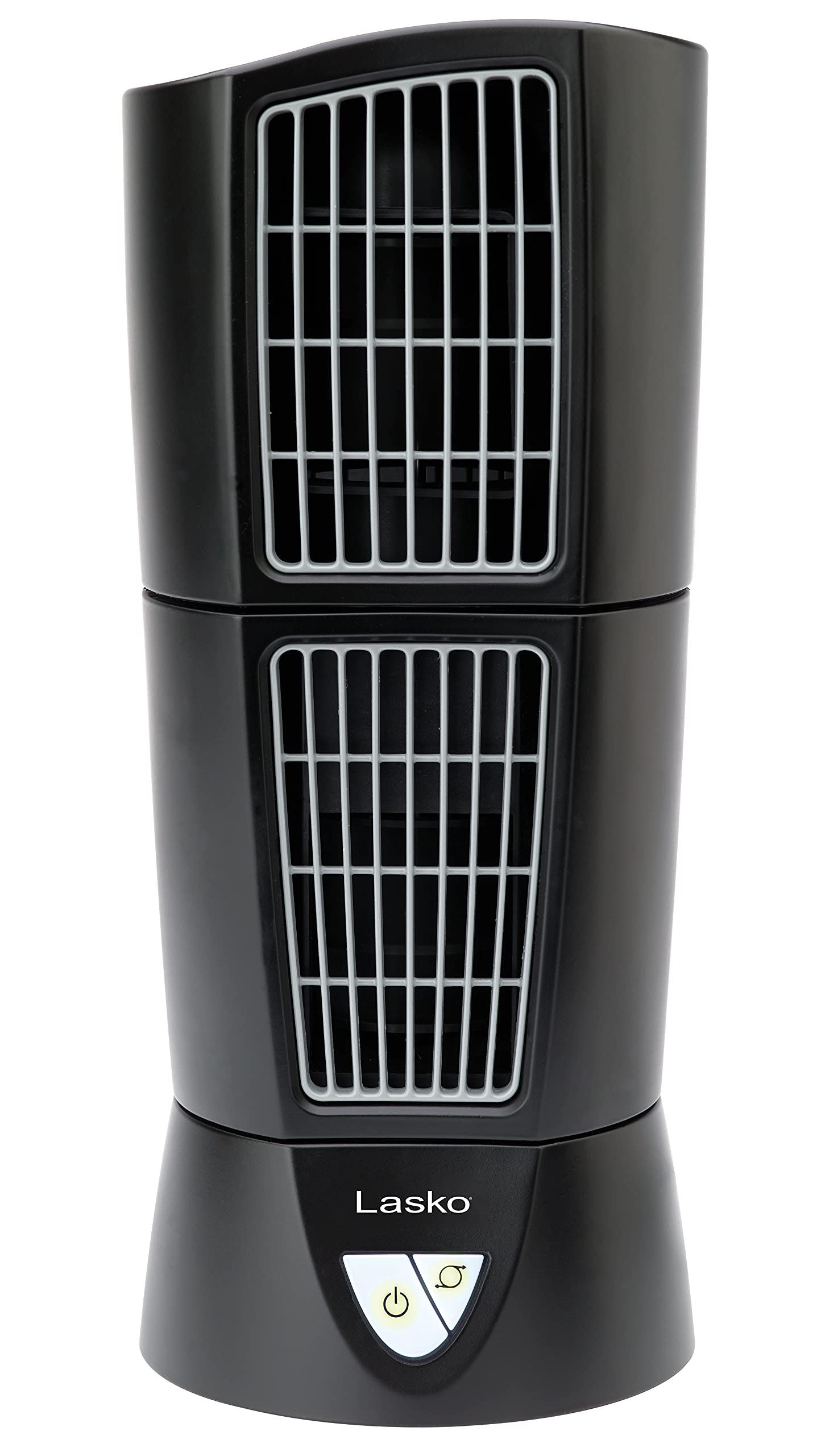 Lasko Platinum Desktop Wind Tower fan, black finish front view fits modern spaces.