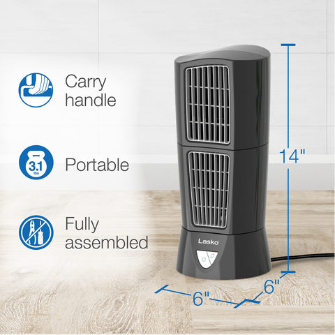 Lasko Platinum Desktop Wind Tower fan, built-in handle for easy transport between rooms.