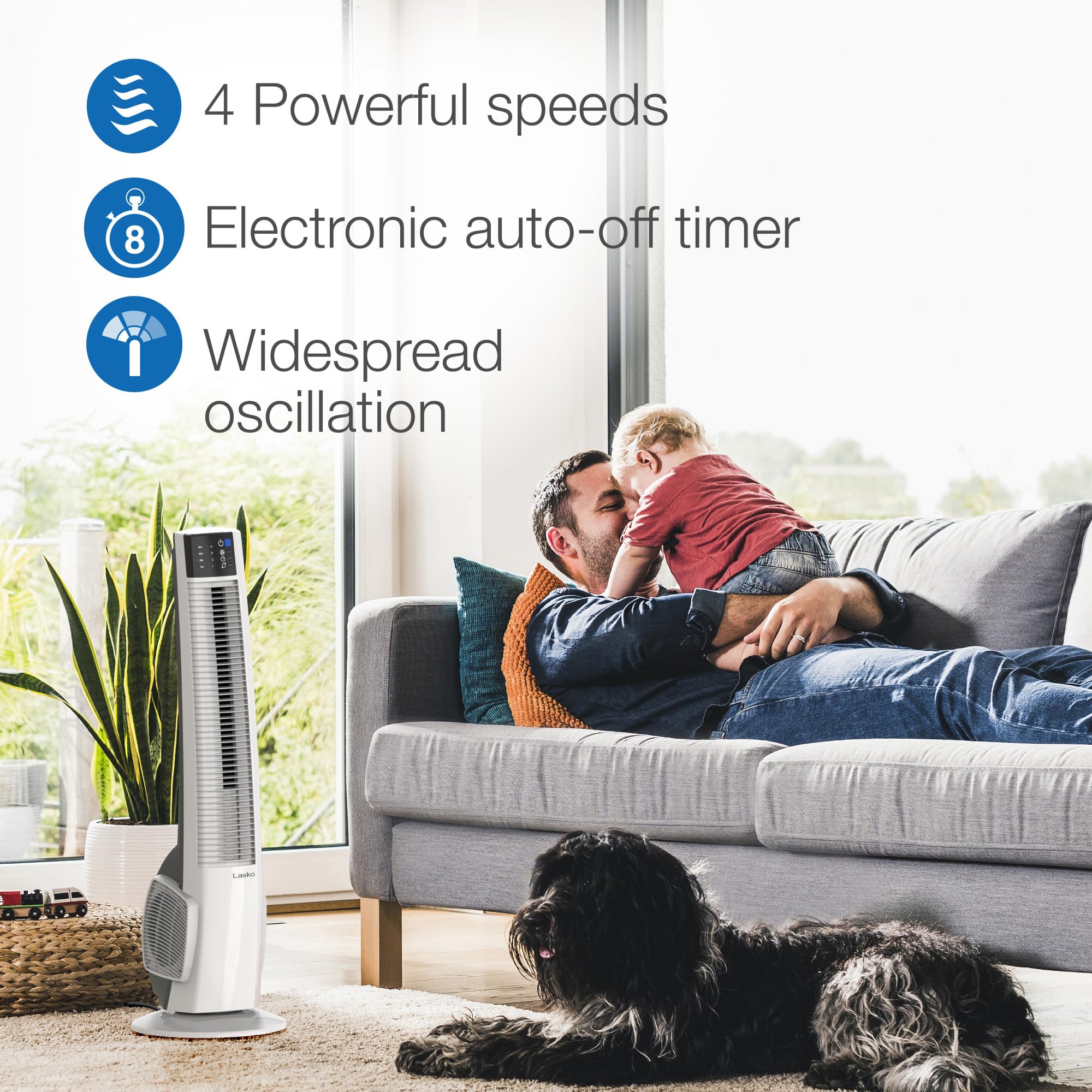Lasko T38400 compact footprint fits tight spaces like apartments.