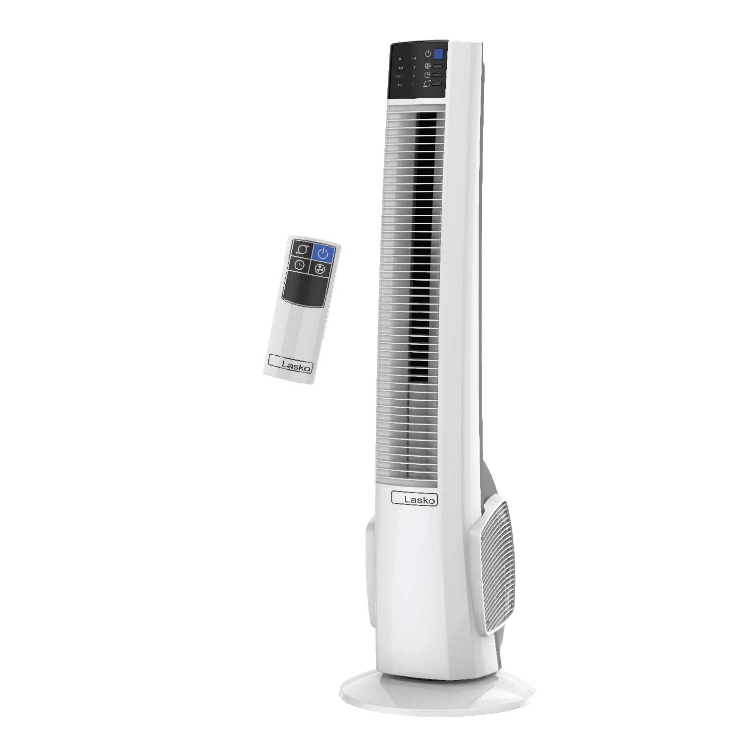 Lasko T38400 remote control in use for easy room-wide adjustments.