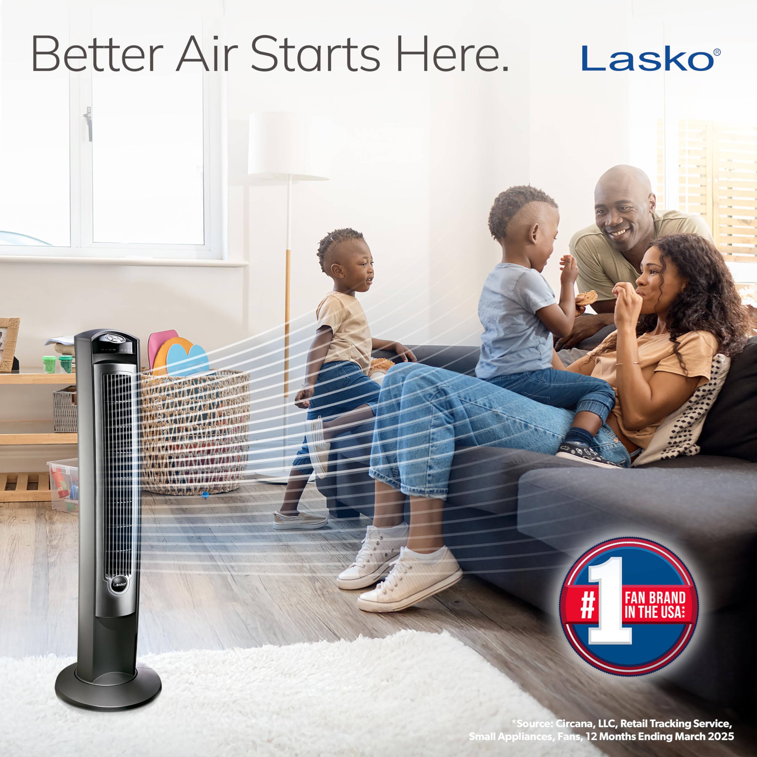 Lasko tower fan oscillation at 60 degrees for evenly distributed airflow.
