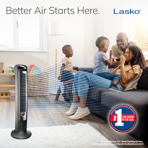 Lasko tower fan oscillation at 60 degrees for evenly distributed airflow.