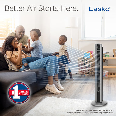Lasko tower fan remote control lets you adjust from across the room.