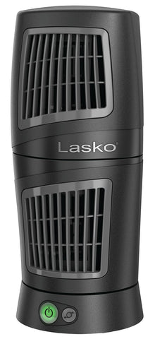 Lasko Twist-Top 12in tower fan in black on a desk providing compact cooling.