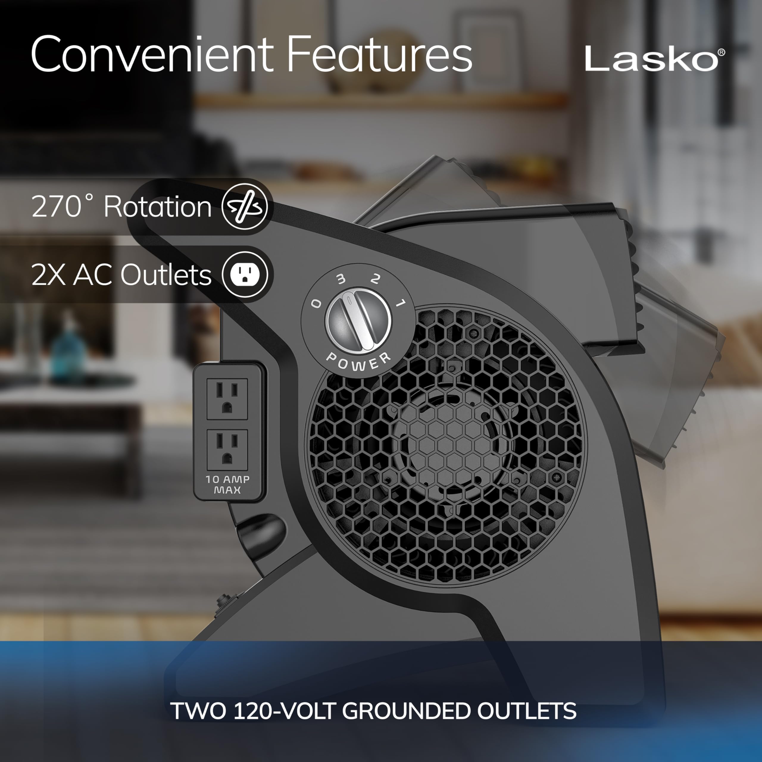 Lasko U15617 dual outlets enable accessory devices while cooling hot jobs