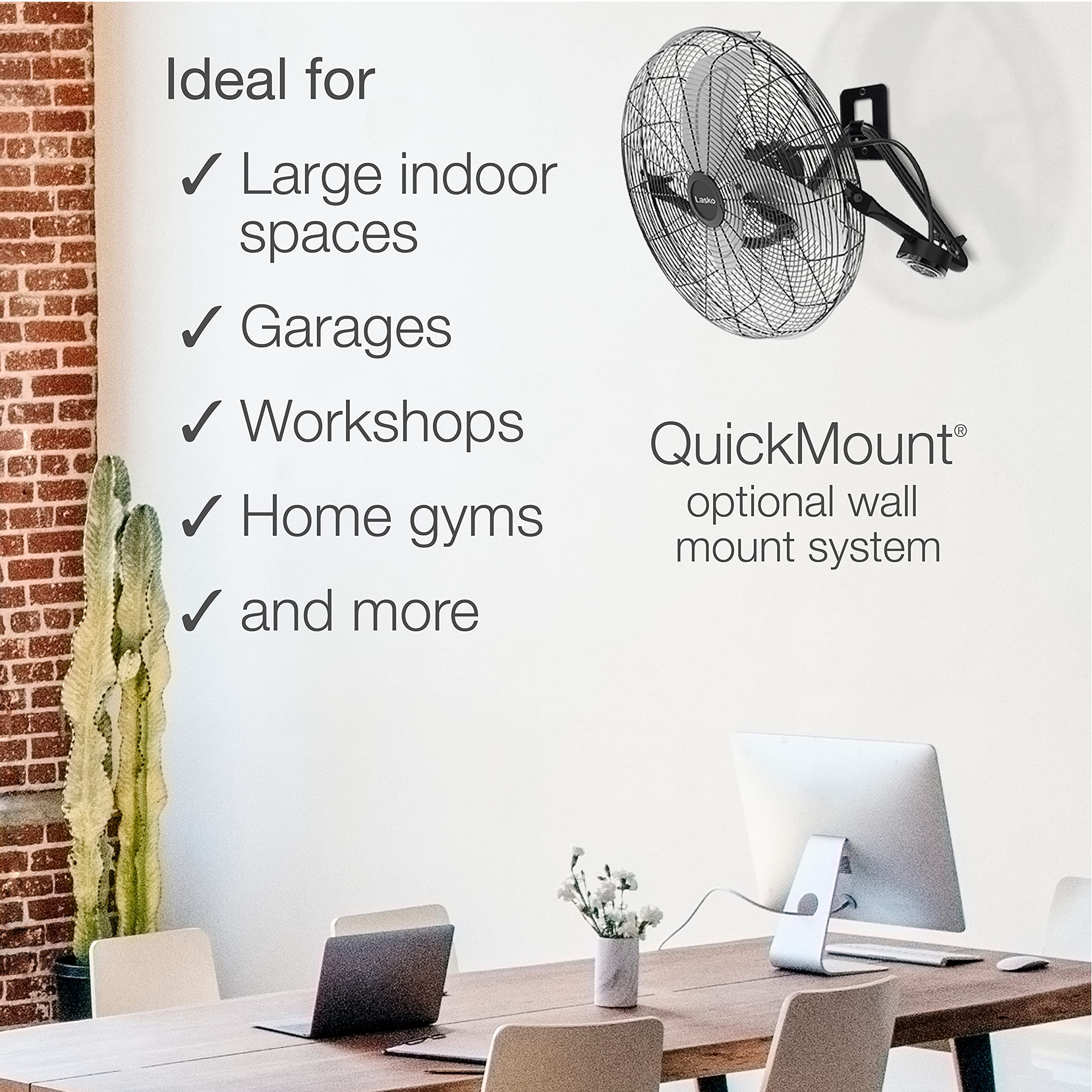Lasko wall bracket allows quick mounting and space-saving setup.