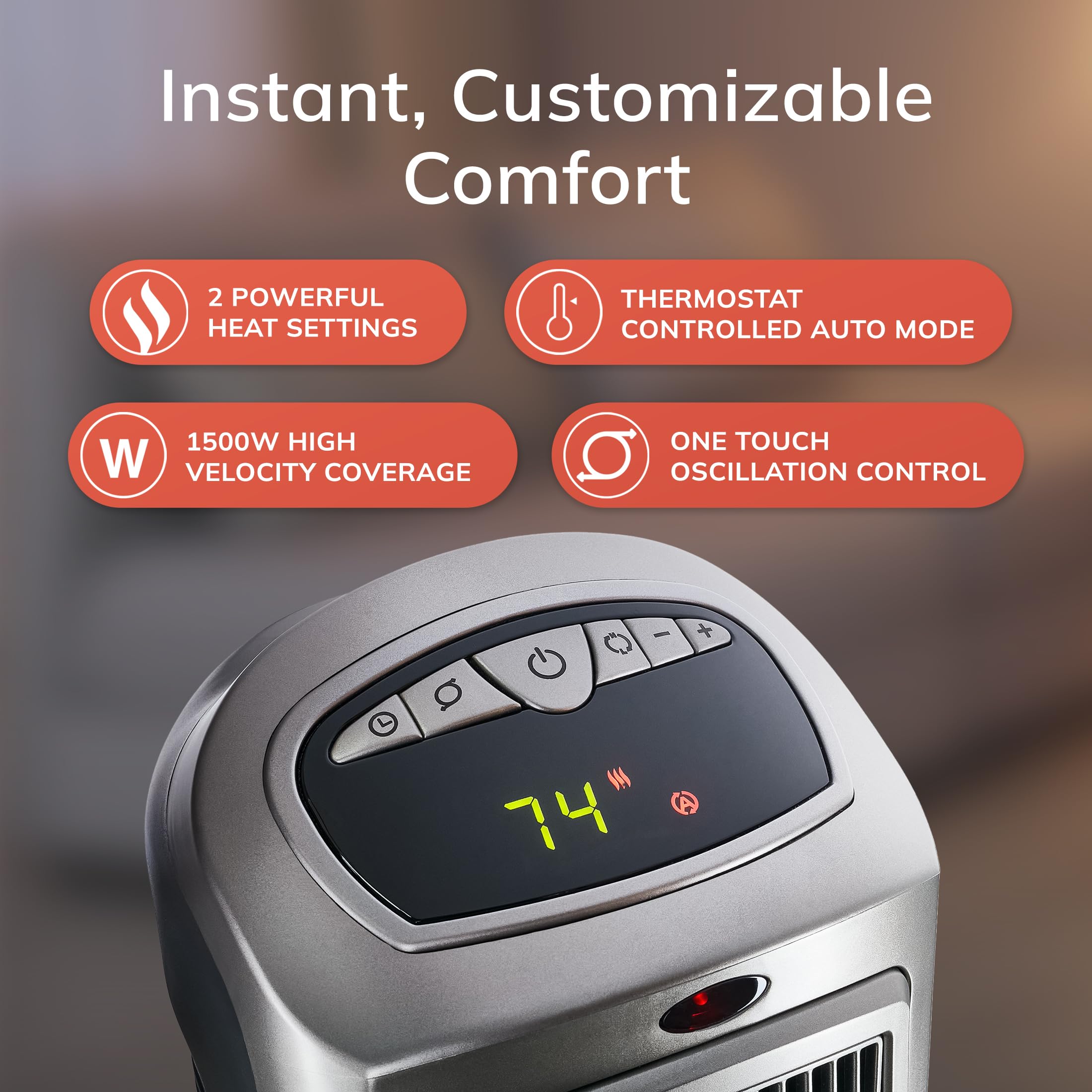 Lasko wide oscillation distributes warm air across the room.