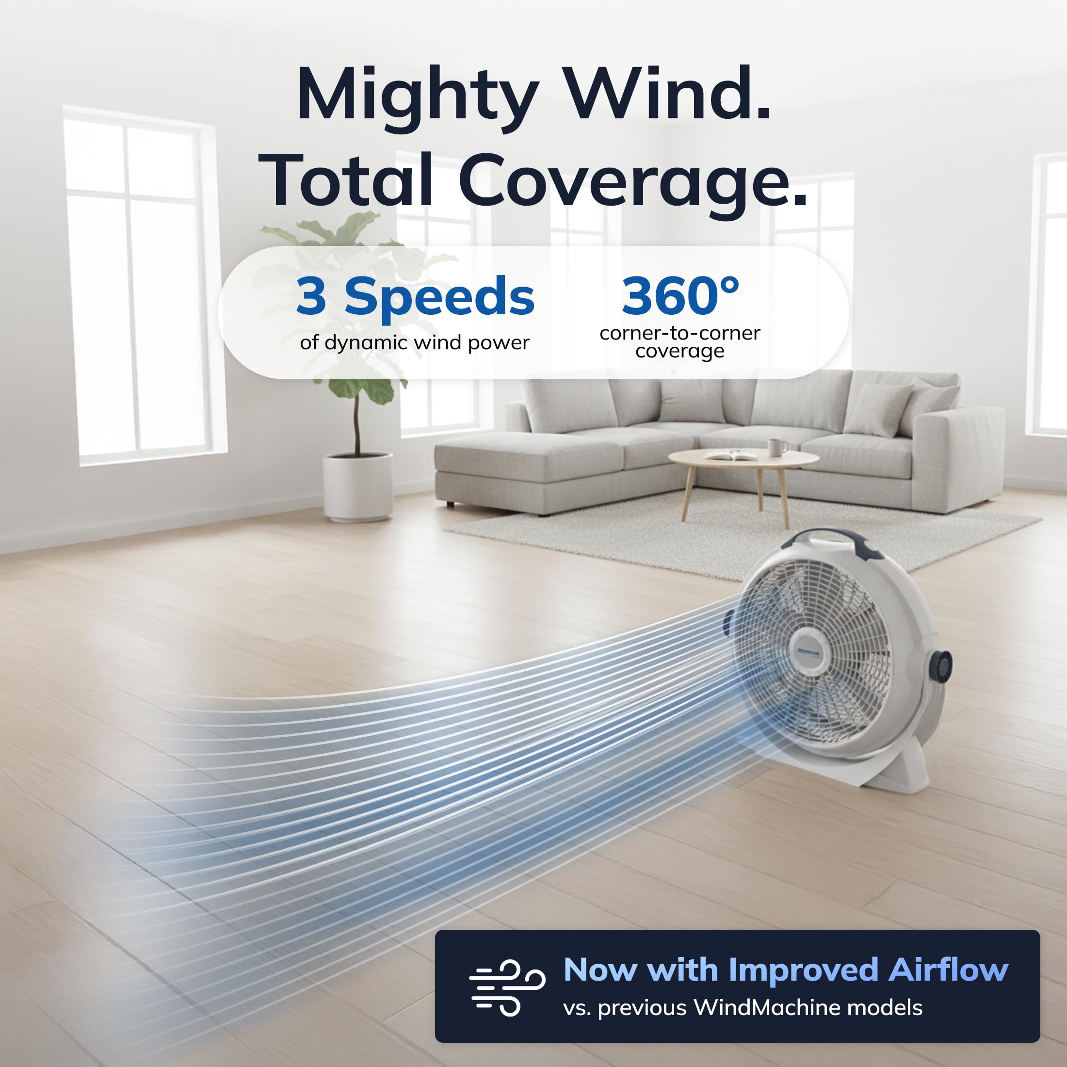 Lasko WindMachine 20in pivot-head in action directing airflow across the room
