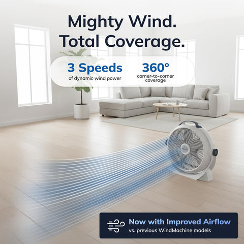Lasko WindMachine 20in pivot-head in action directing airflow across the room