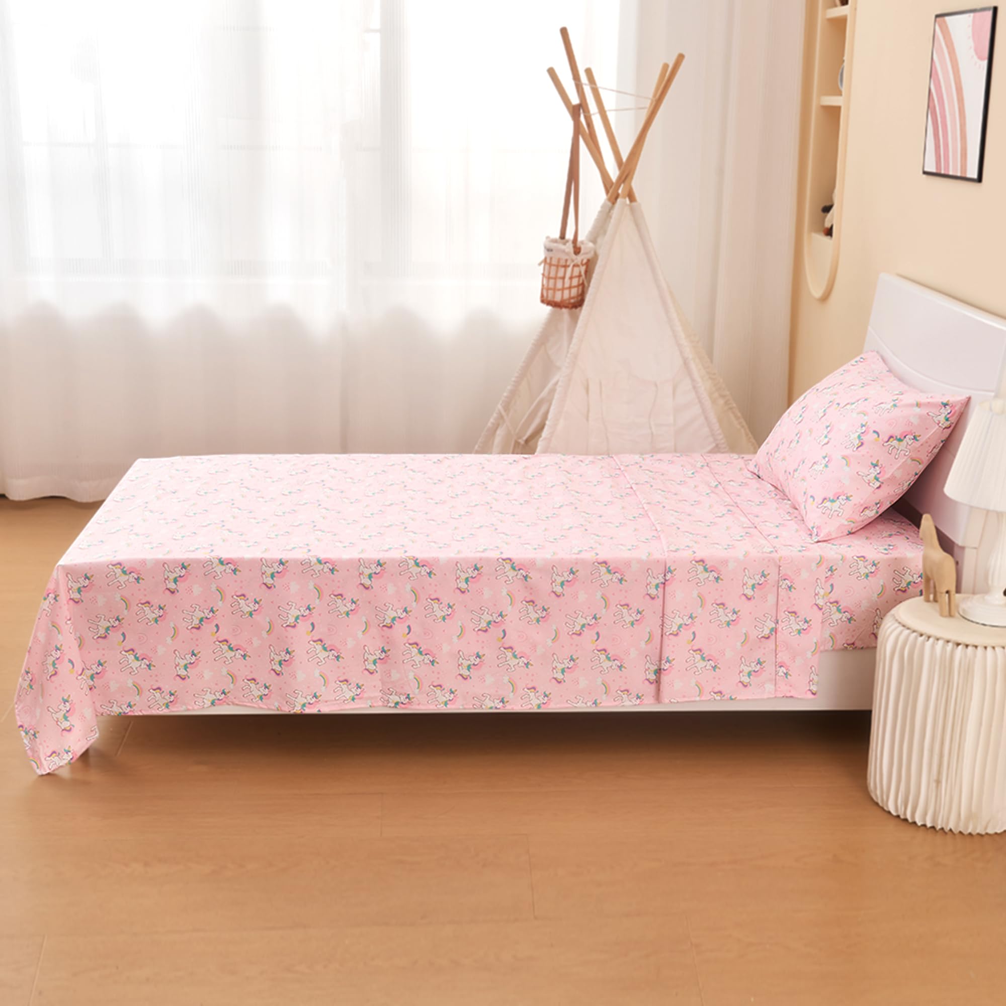 lasoftan flat sheet twin pink unicorn print breathable all-season comfort.