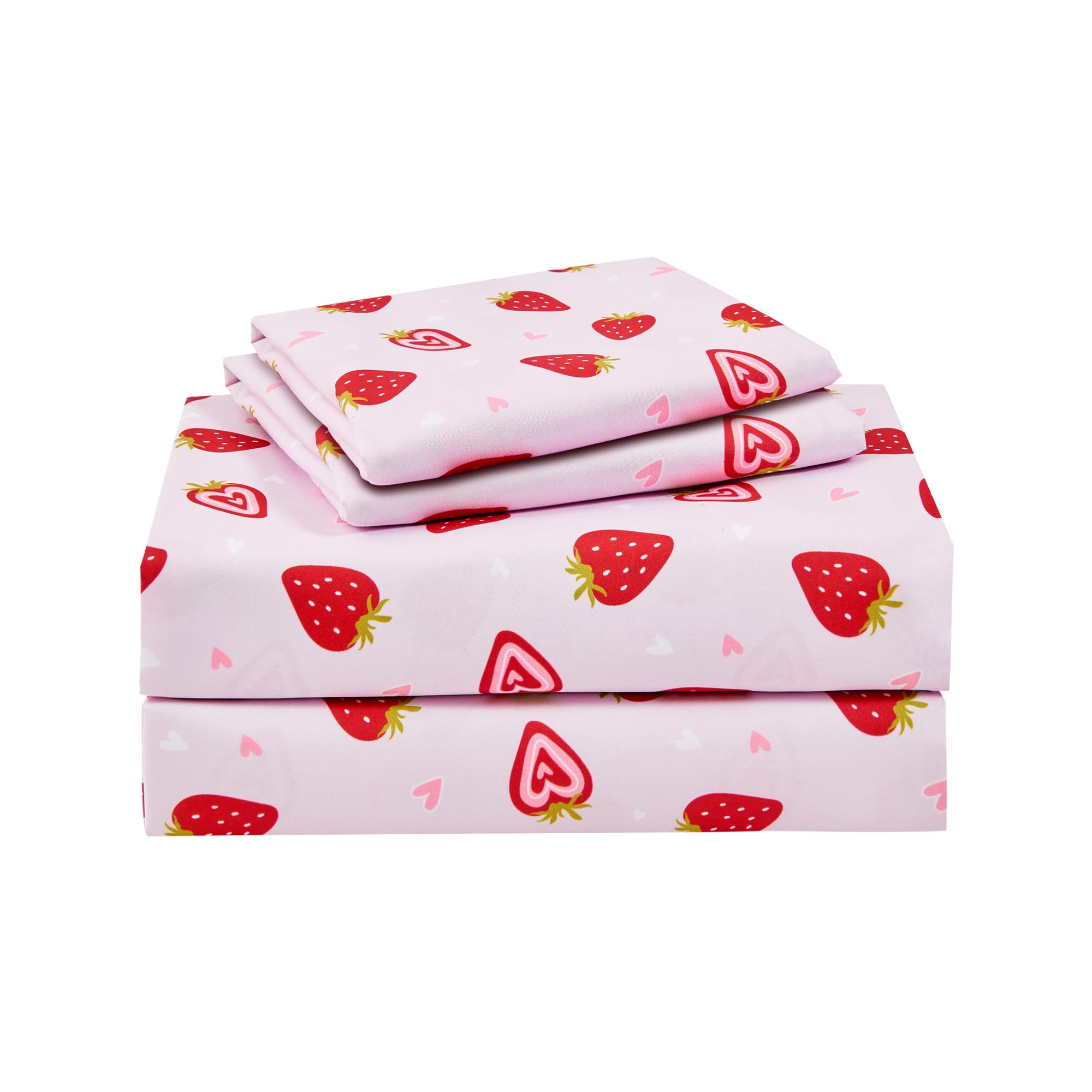 Lasoftan pink strawberry pattern kids sheet set on a twin bed for bedtime fun