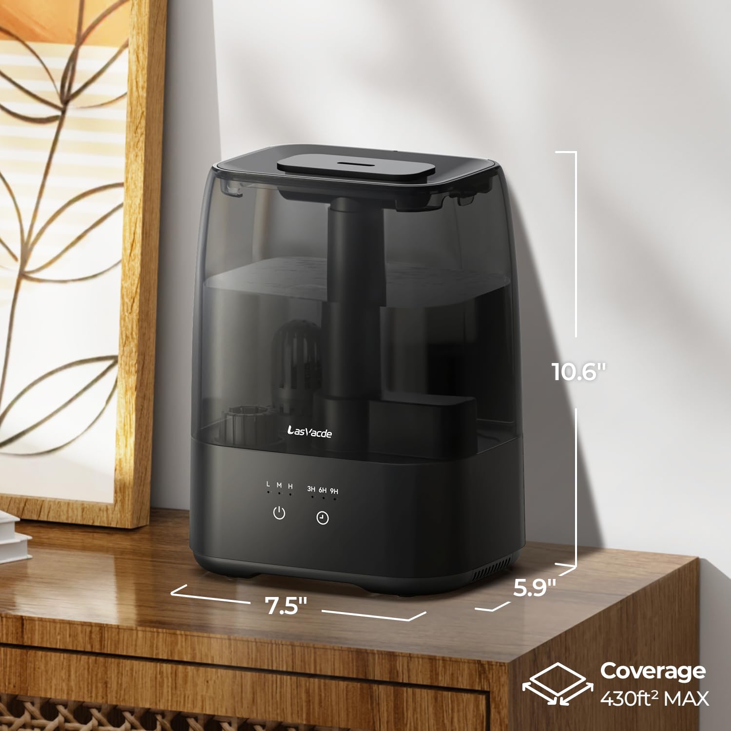 LasVacde humidifier wide top opening enables quick water refill.