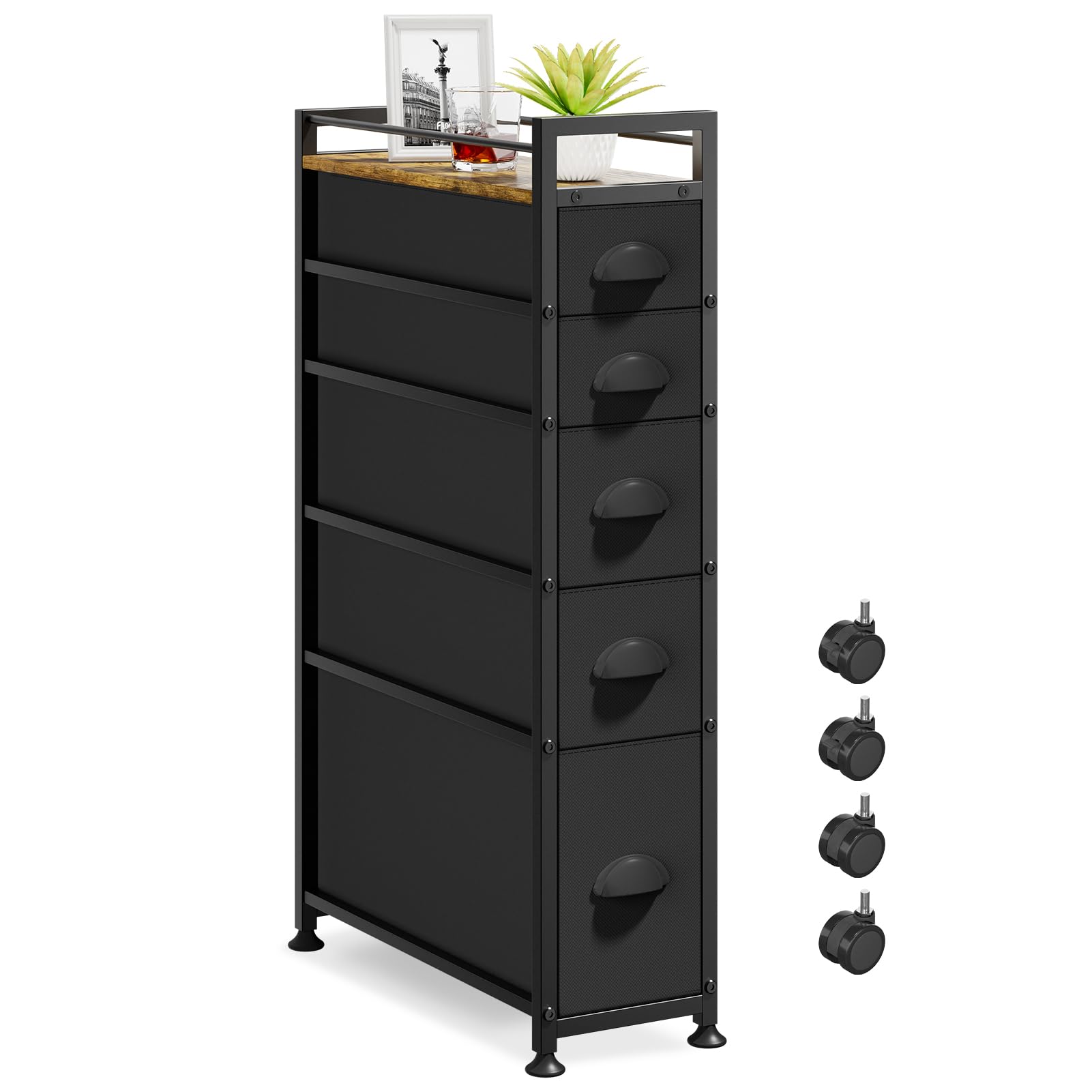 LASZOLA 5-drawer narrow dresser front view highlights compact space-saving design for small rooms.