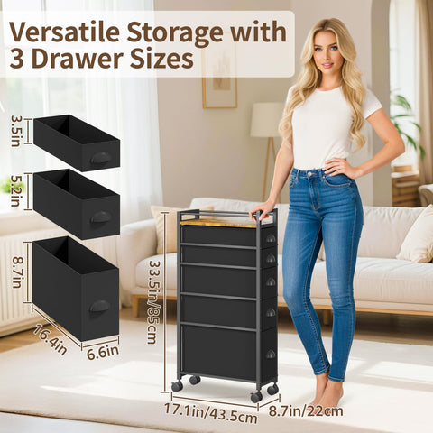 LASZOLA 5-drawer narrow dresser top-surface demonstrates extra storage space for decor.