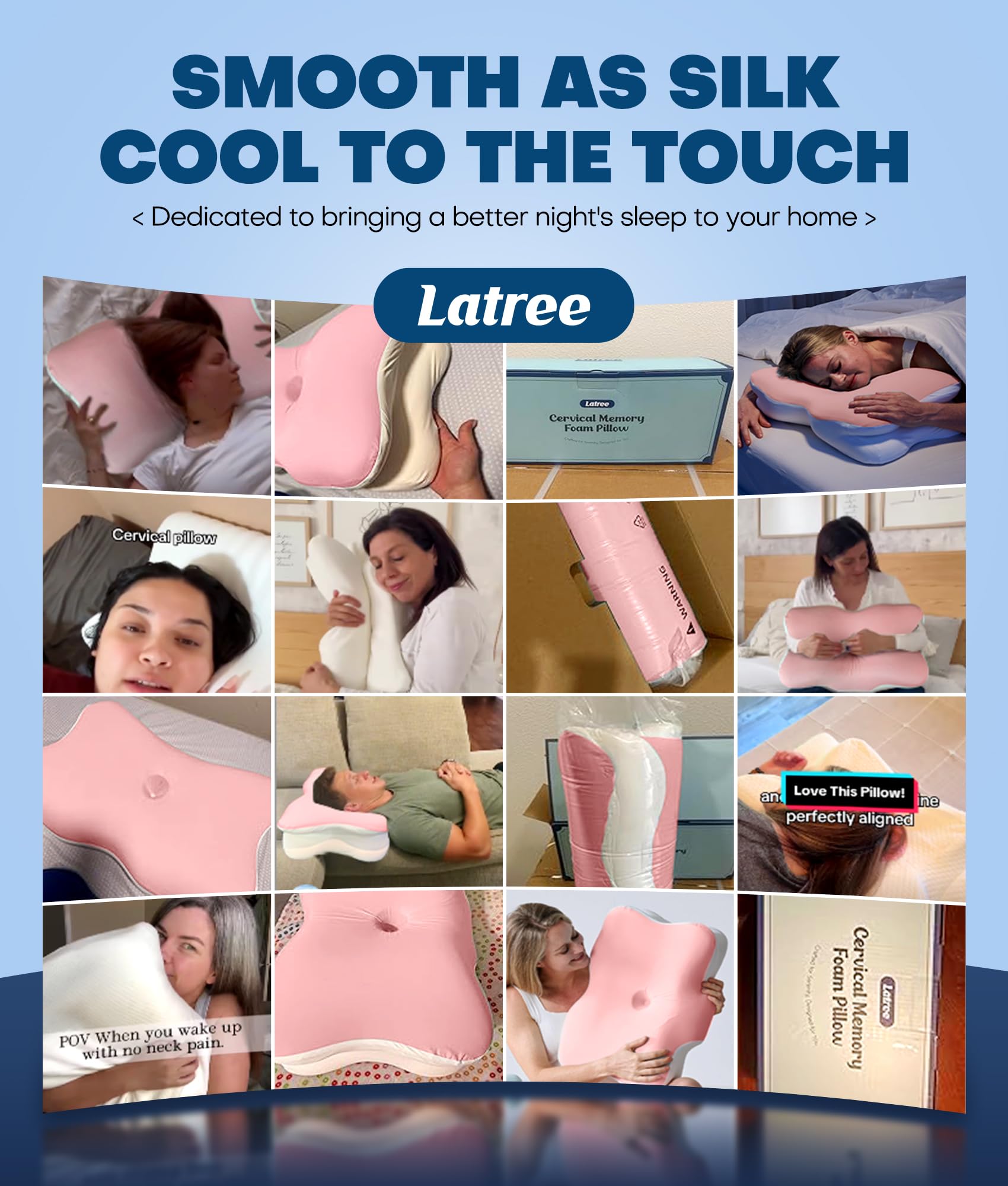 Latree 100-night trial pillow signals confidence and risk-free testing for new sleepers.