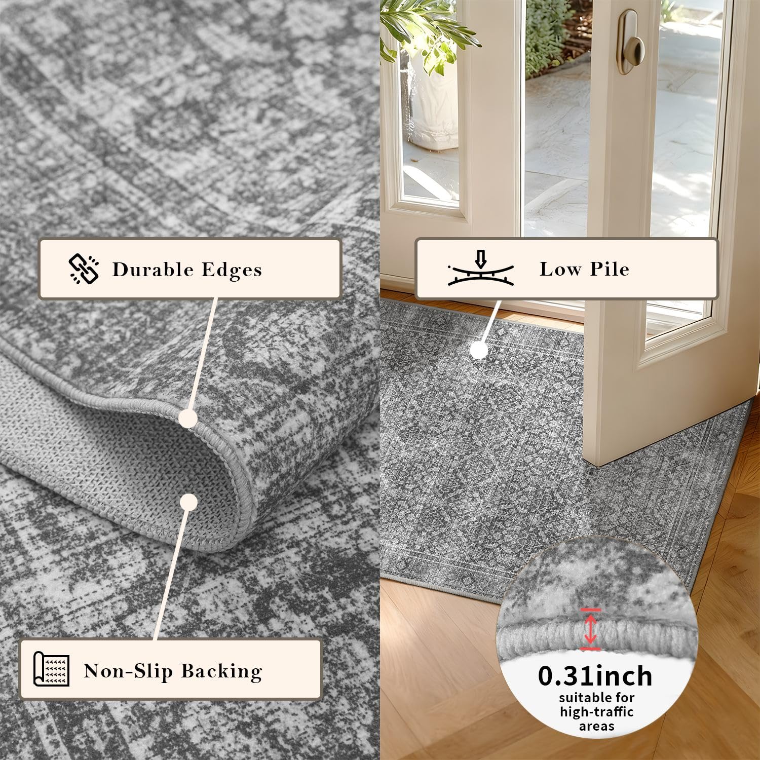Latte&Fog low-pile dense fibers resist shedding and snagging at doors.