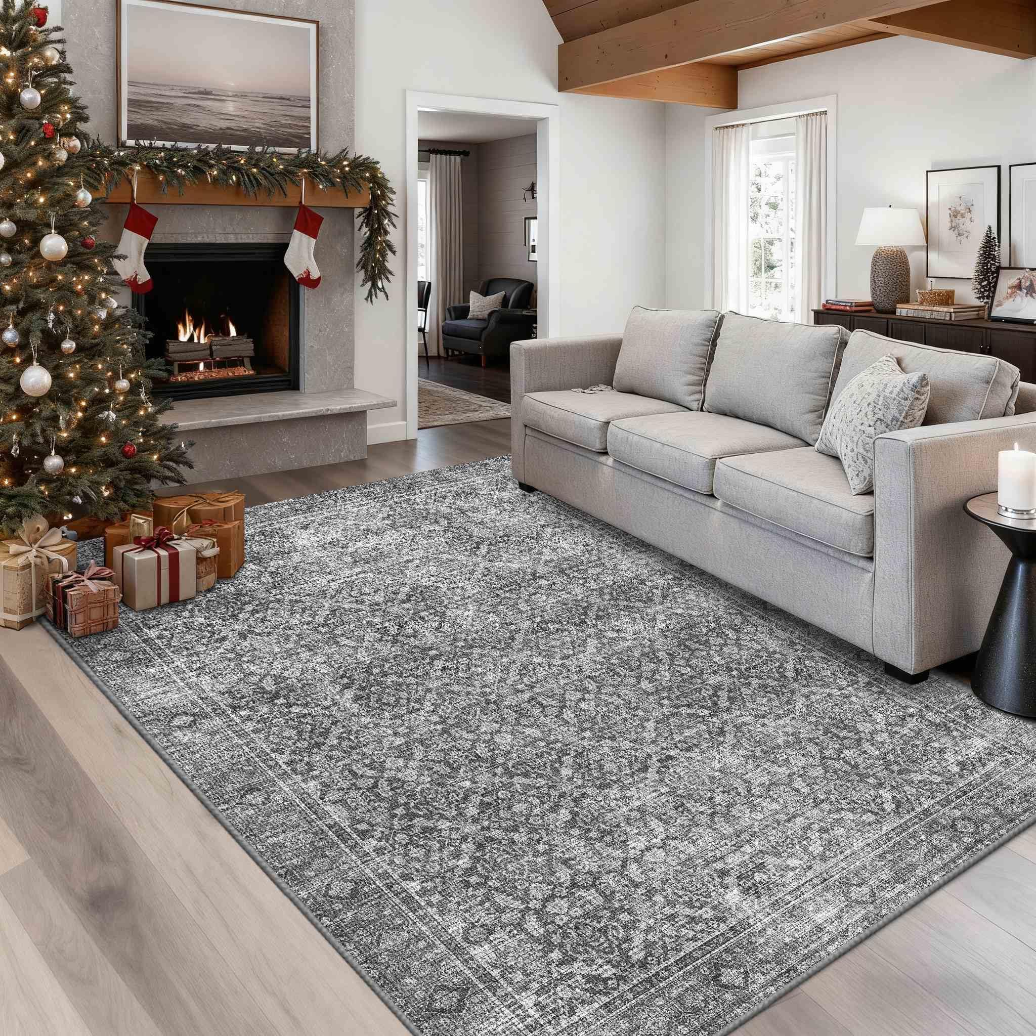 Latte&Fog rug with non-slip rubber backing stays securely in high-traffic areas.