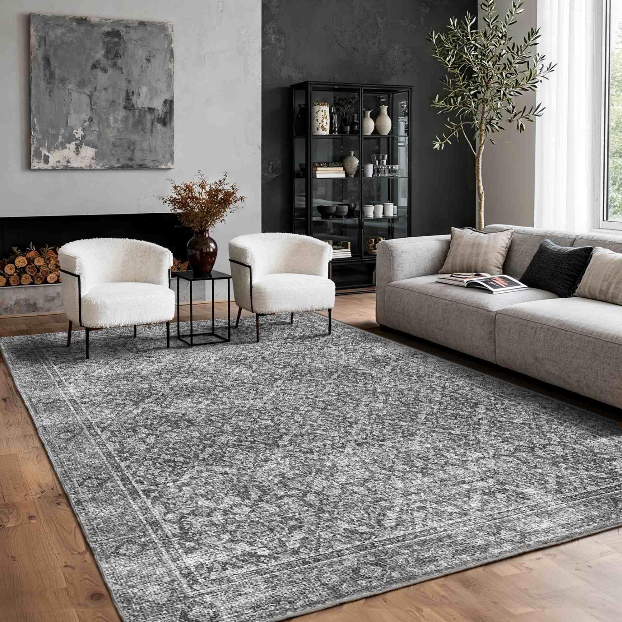 Latte&Fog parterre-pattern 5x7 grey rug adds classic elegance to living rooms.
