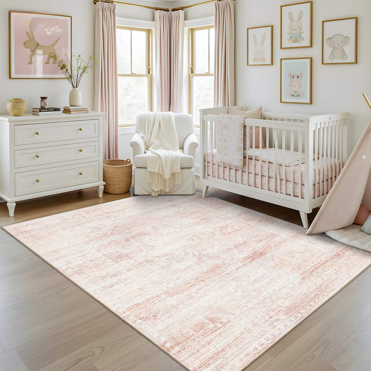 Latte&Fog pink rug closeup shows soft texture for cozy bedrooms