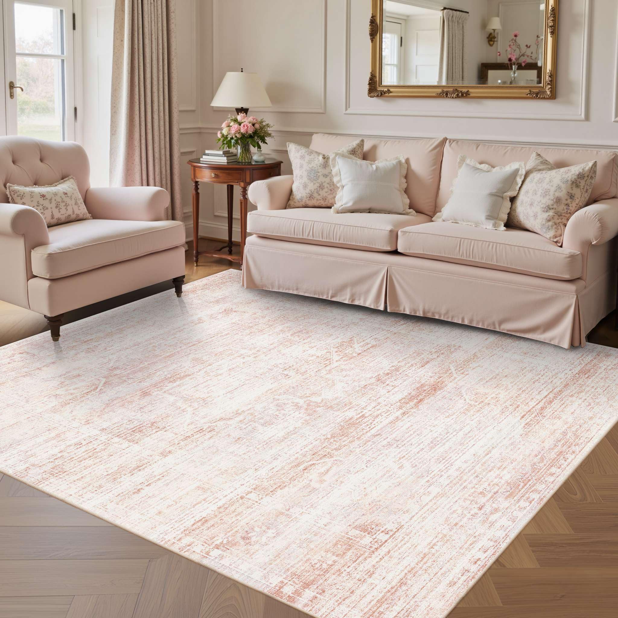 Latte&Fog pink rug non-slip backing provides safe grip on wood floors
