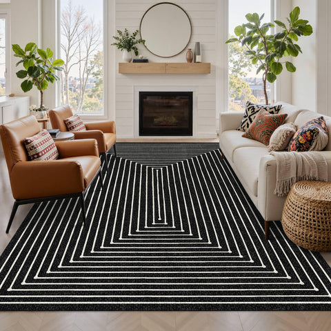 Latte&Fog Prussian Sea rug with geometric lines; soft faux wool for cozy living spaces.