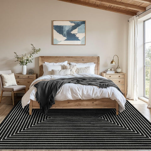 Latte&Fog geometric rug showcases indigo-black palette for modern decor accents.