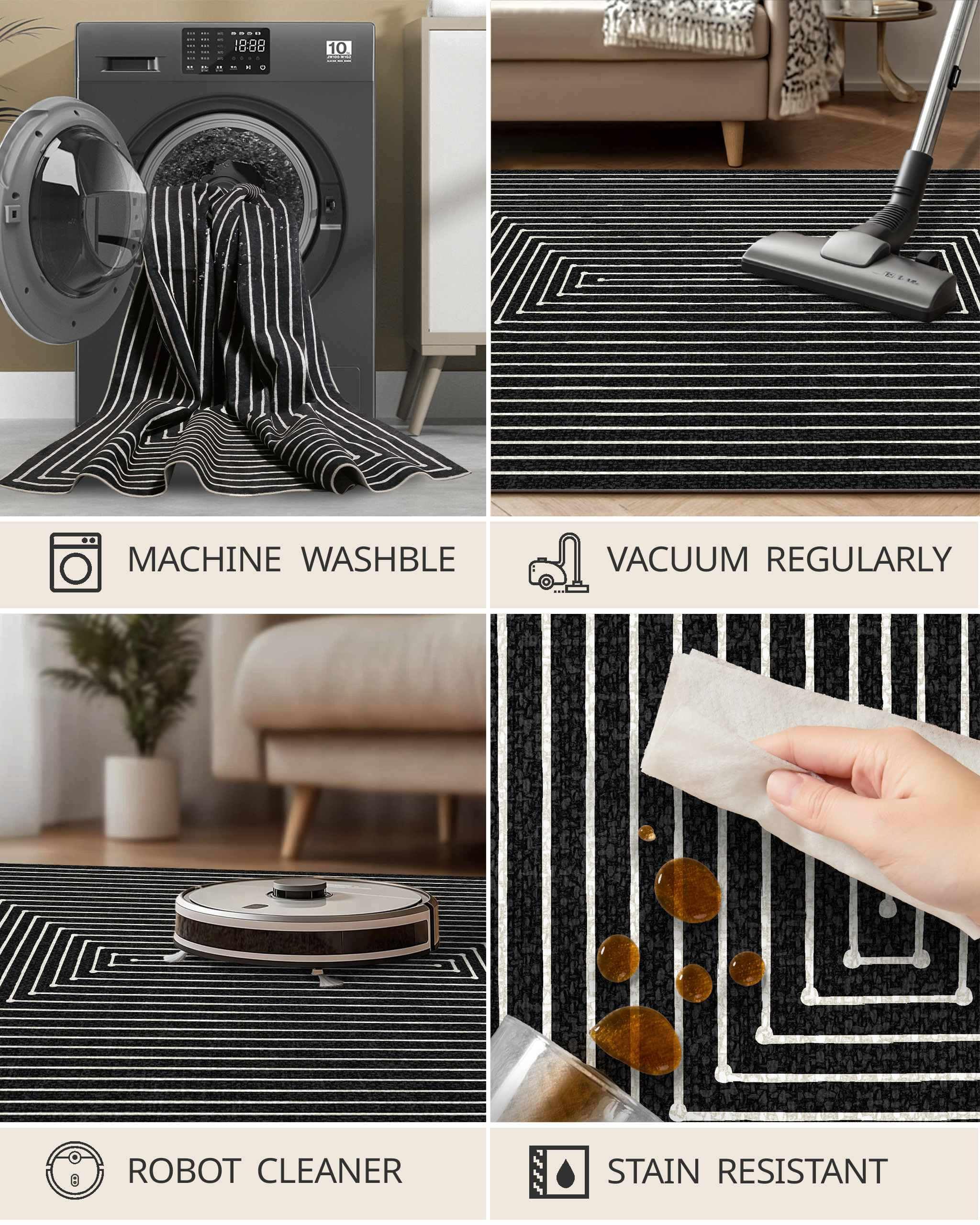 Latte&Fog washable rug accepts machine washing for deep clean sessions.