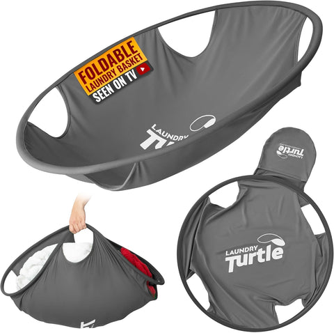 Laundry Turtle collapsible basket closed for space-saving storage and quick stowaway.