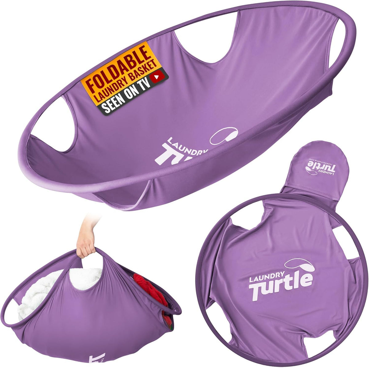 Laundry Turtle collapsible basket in use inside a front-loading washer for easy transfer