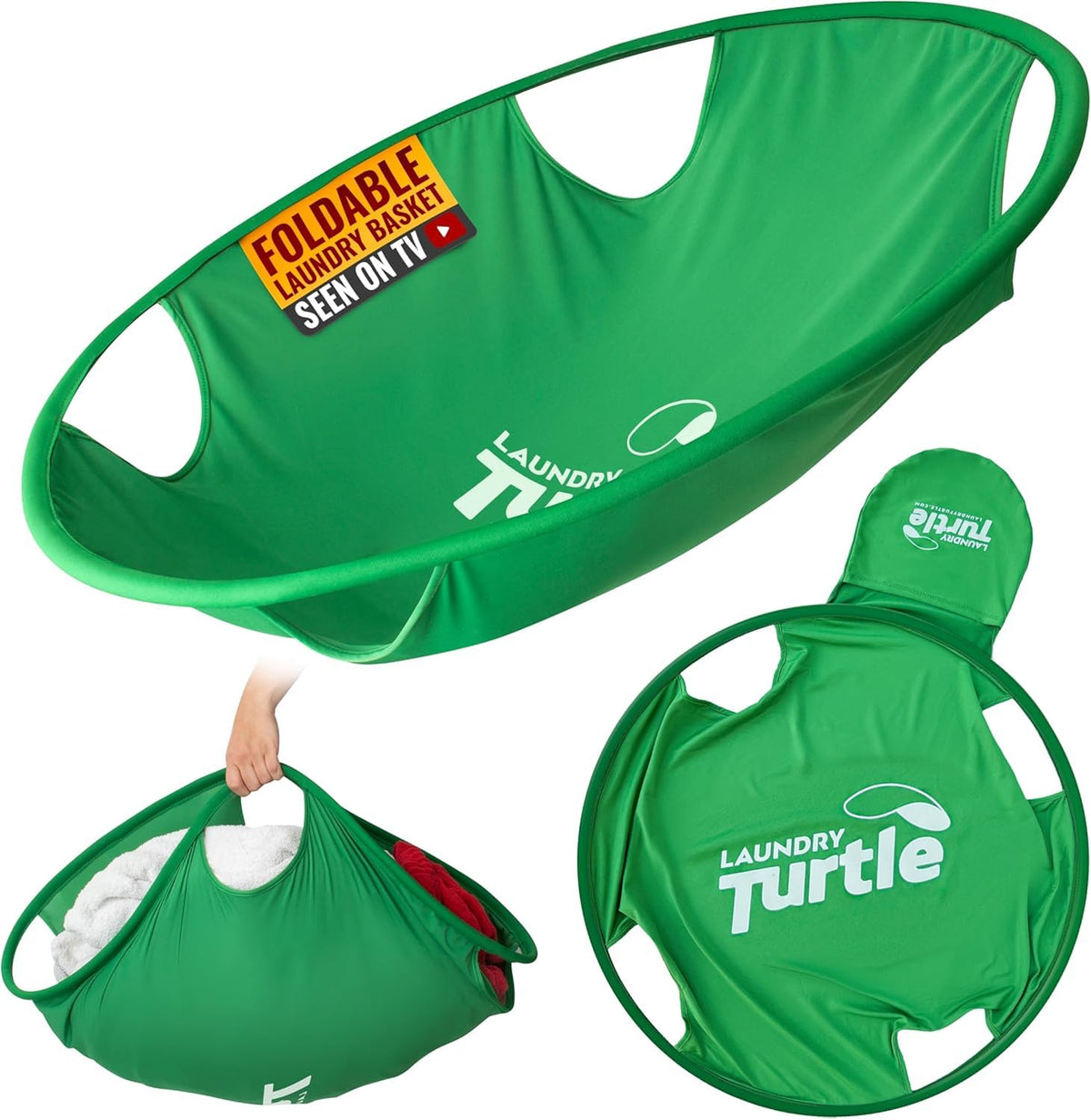 Laundry Turtle large 26in collapsible basket for easy transfer from washer to dryer.