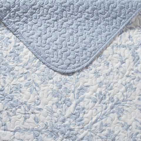 Close-up of Laura Ashley Amberley Blue quilt fabric, highlighting breathable cotton blend and refined stitching.