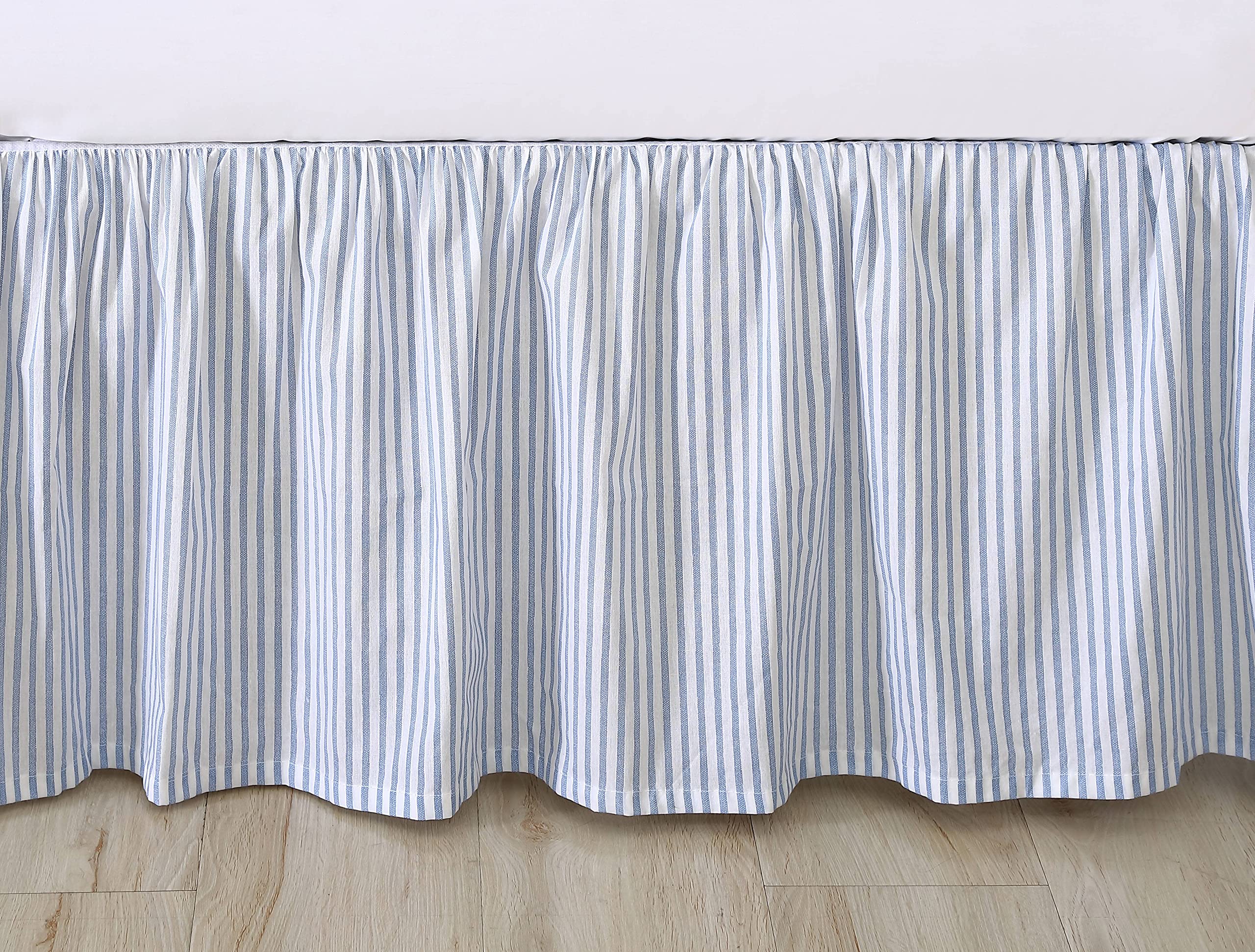 Laura Ashley ticking stripe bedskirt is easy-care and color-retentive.
