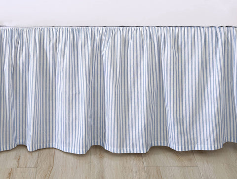 Laura Ashley ticking stripe bedskirt is easy-care and color-retentive.