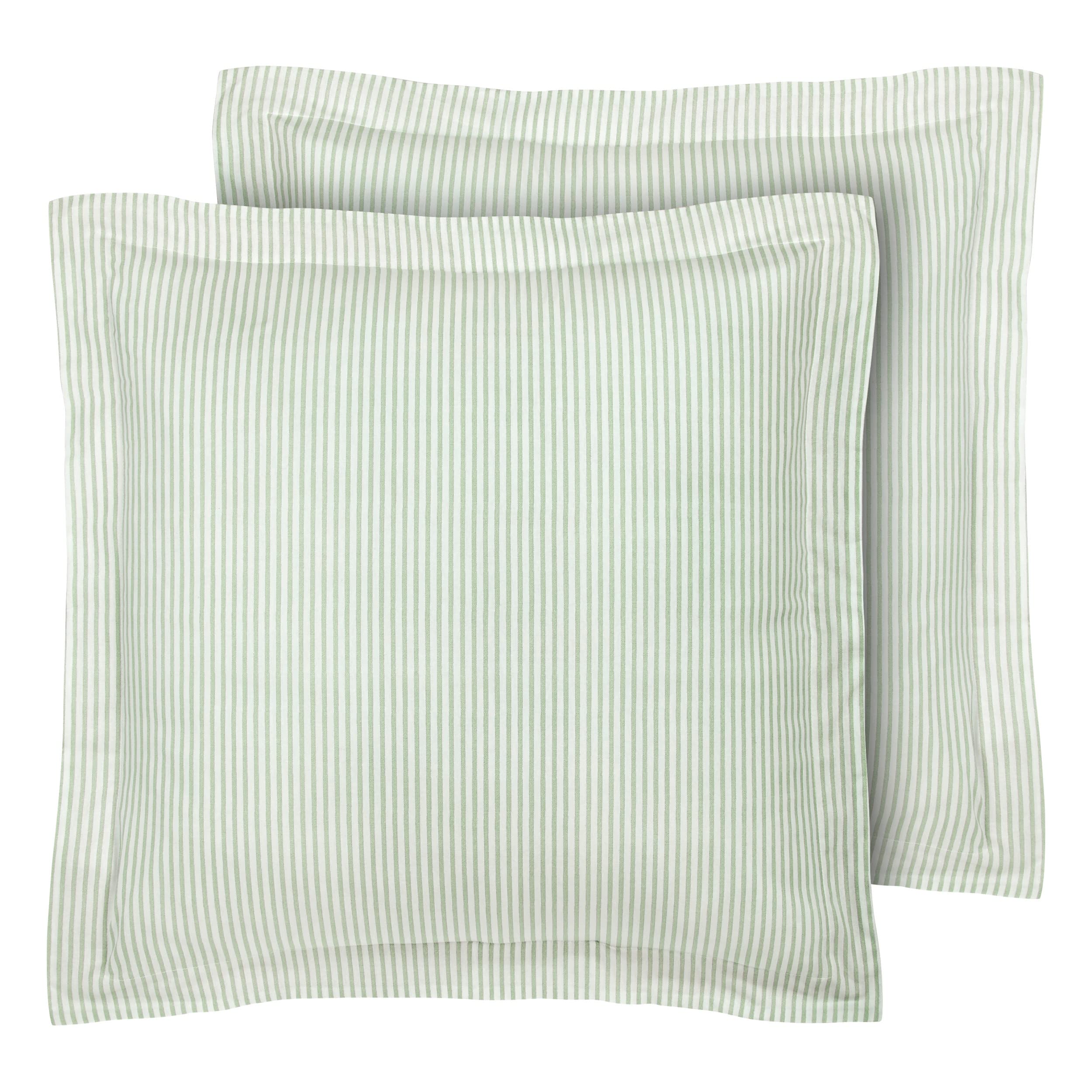 Laura Ashley Euro Shams in ticking stripe green add timeless texture to your bed.