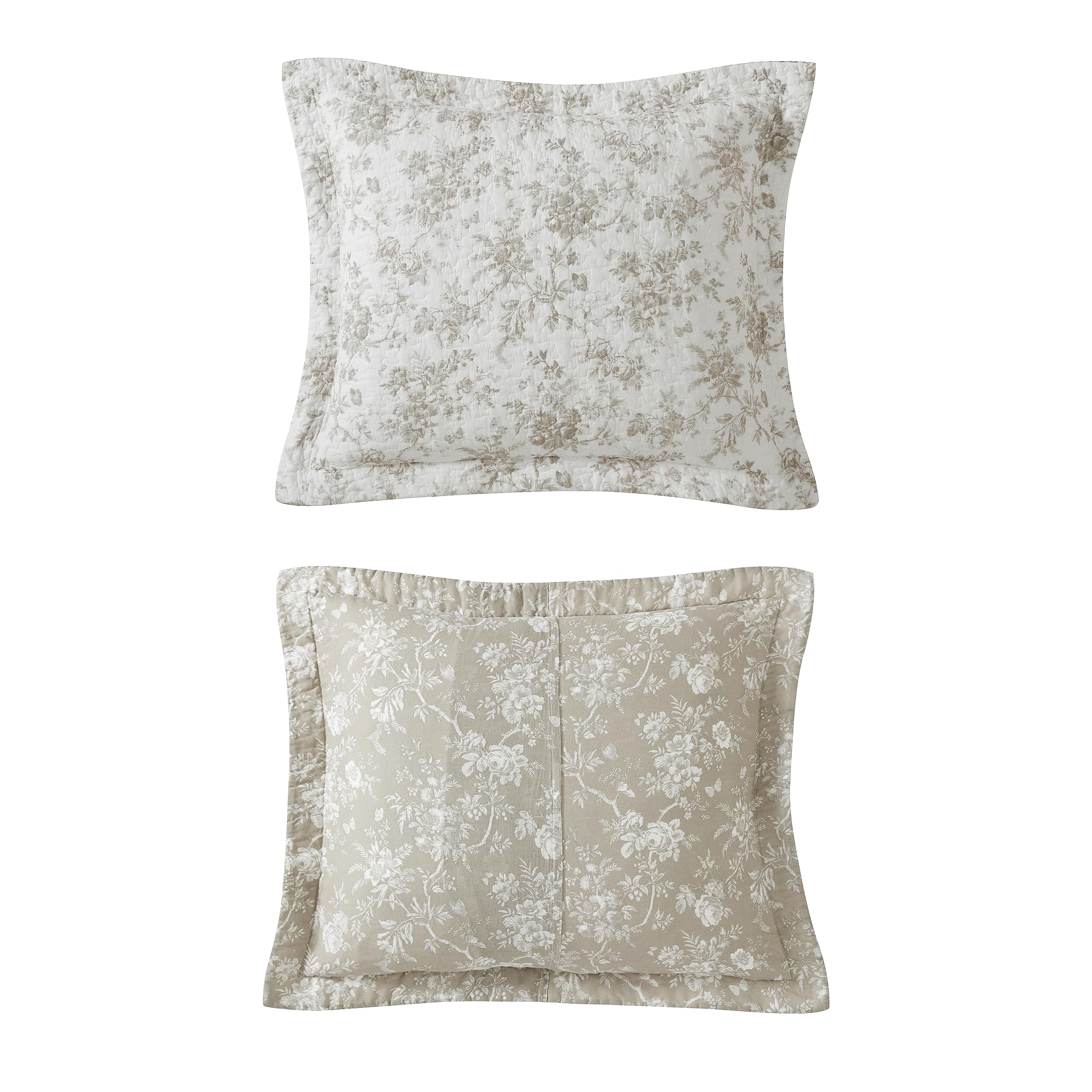 Laura Ashley king quilt set draped on bed showcases versatile year-round style.