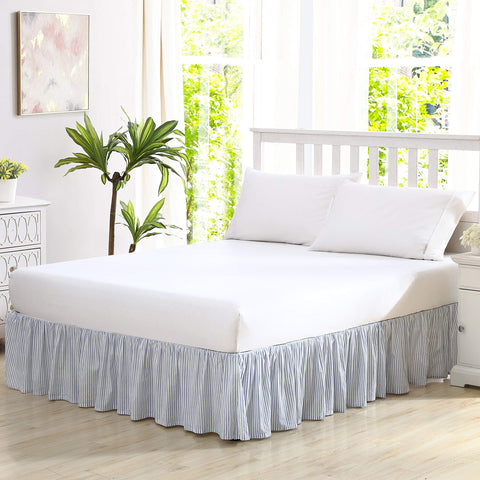 Laura Ashley queen bedskirt ticking stripe blue adds a polished finish and concealed storage.