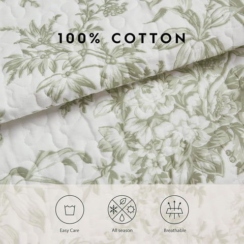 Laura Ashley bedding setup with Bedford Green hues for a warm, inviting room.
