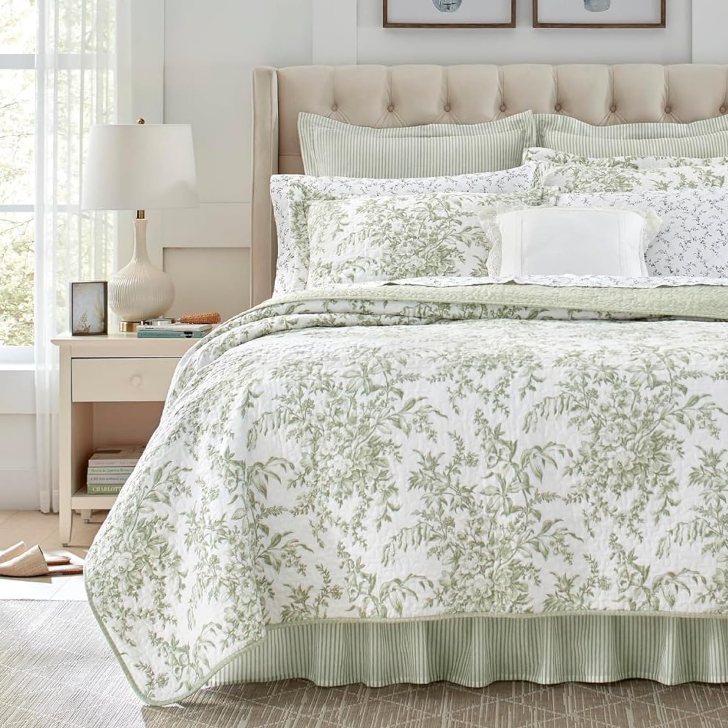 Laura Ashley Queen Quilt Set in Bedford Green, soft cotton texture for year-round comfort.