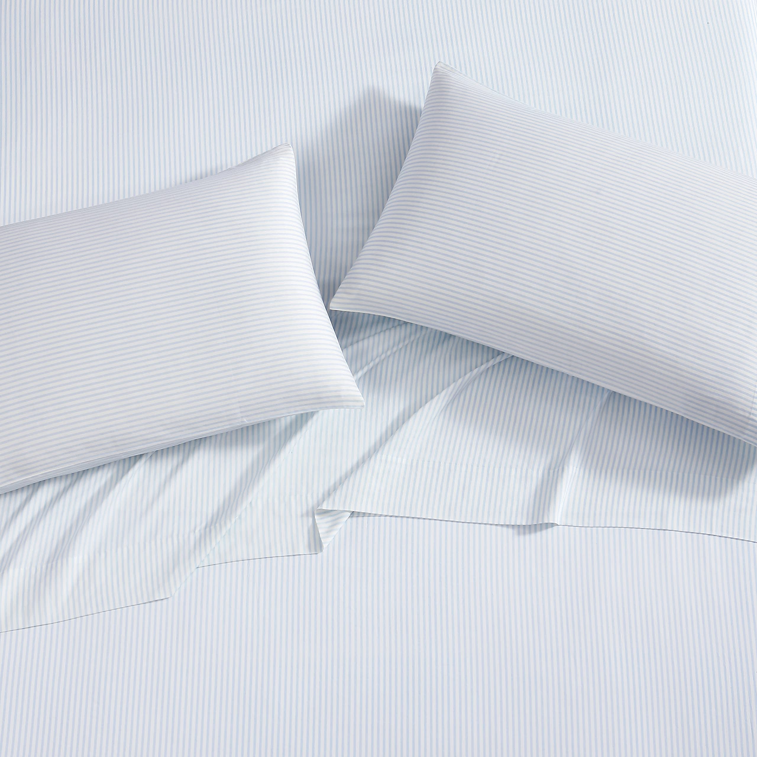 Laura Ashley Queen Ramona Blue flat sheet drape demonstrates light, airy comfort.