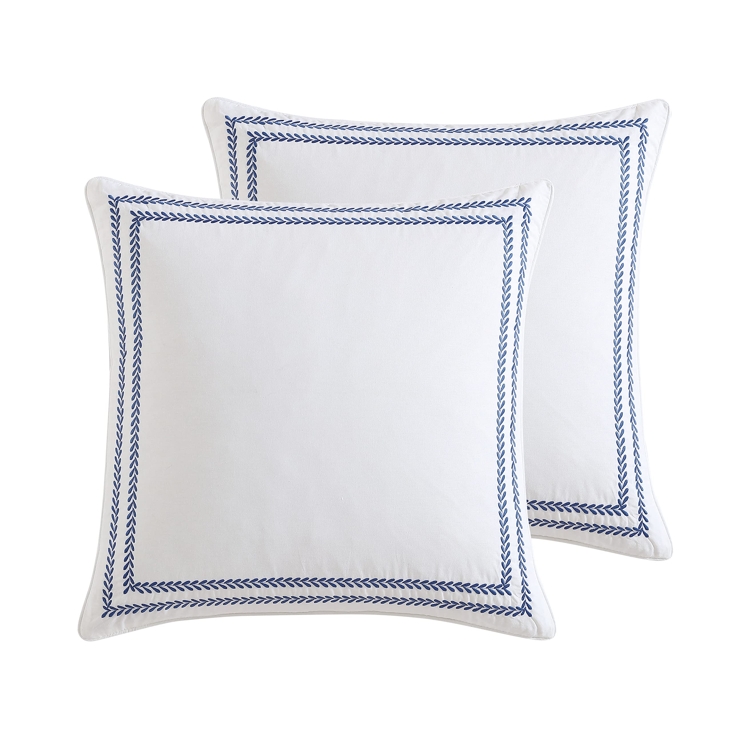Laura Ashley stitched-vine euro sham closeup showcases embroidered detail and soft cotton texture for a refined bedroom look.