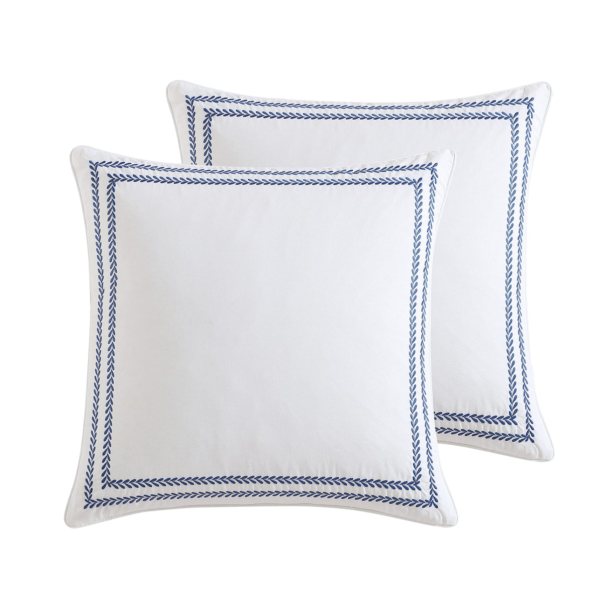 Laura Ashley stitched-vine euro sham closeup showcases embroidered detail and soft cotton texture for a refined bedroom look.