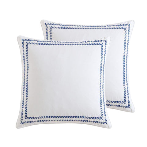 Laura Ashley stitched-vine euro sham closeup showcases embroidered detail and soft cotton texture for a refined bedroom look.